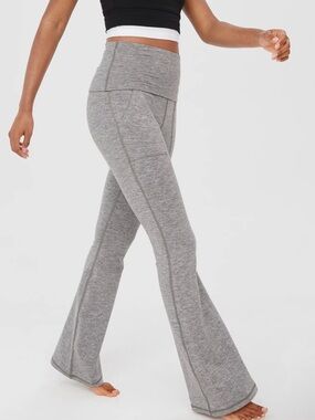 OFFLINE By Aerie The Hugger High Waisted Foldover Flare Leggings in Heather Gray